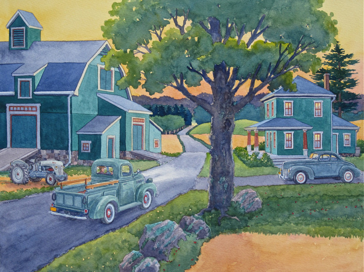 Sunset at a classic farm with 40’s Ford tractor, pickup truck, and coupe automobile.